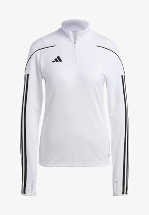 Witte sportieve longsleeve met een half-zip ontwerp, zwarte strepen langs de mouwen en textuurdetails op de schouders. Adidas-logo op de borst.