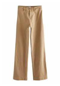 Beiget leveälahkeiset housut, joissa on edessä nappi- ja vetoketjusuljin, vyölenkit sekä näkyvä ompelu saumoissa ja helmoissa.