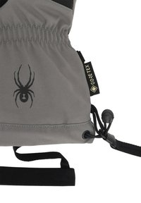 Gants gris en tissu doux, arborant un logo de spider noir, une ouverture élastique et un cordon réglable. Comprend une étiquette GORE-TEX.