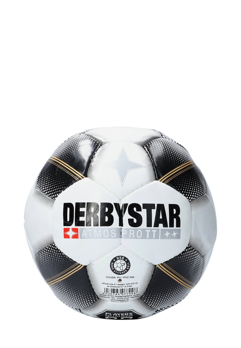 Derbystar Atmos Pro Fußball, schwarz-weiße Musterung, PVC-Oberfläche, genähte Ausführung, mit logo und Produktdetails gut sichtbar.