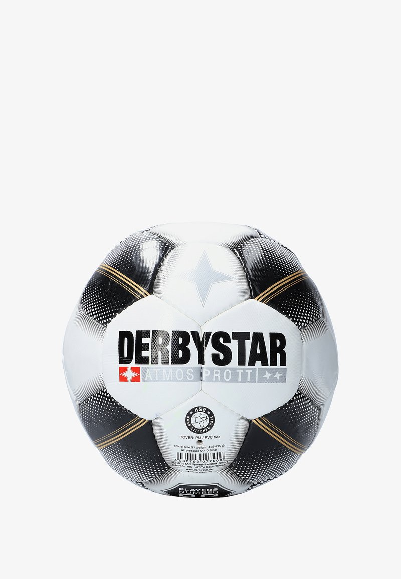 Derbystar Atmos Pro Fußball, schwarz-weiße Musterung, PVC-Oberfläche, genähte Ausführung, mit logo und Produktdetails gut sichtbar.