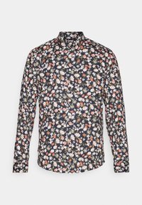 Chemise à boutons florale avec un fond bleu marine. Présente de petits motifs floraux roses, blancs et verts. Design à col, à manches longues.