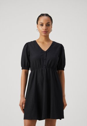 Black short-sleeve dress with a V-neck and button details. Features an elastic waistband and a flared skirt with a smooth texture.