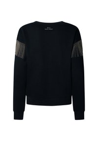 Felpa nera con maniche lunghe, polsini a coste e un dettaglio sul retro di frange argento sulle spalle. Realizzata in tessuto morbido.
