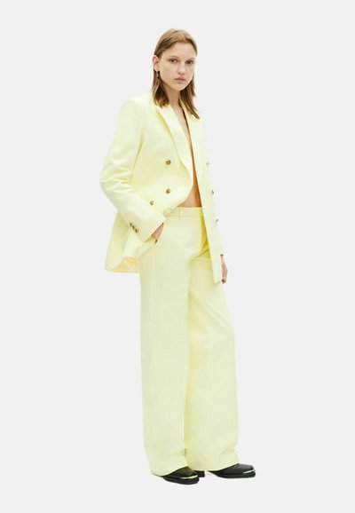 Dubbelzijdig pak in lichtgeel, met gouden knopen, brede broekspijpen en een getailleerde blazer. Gladde textuur en minimalistisch ontwerp.