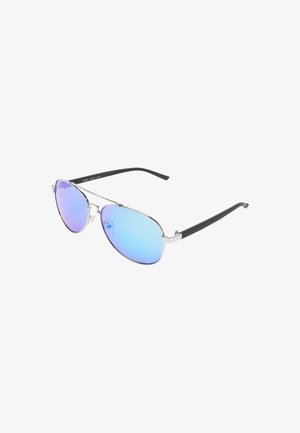 Ochelari de soare metalici de tip aviator, cu rame argintii și lentile albastre cu degradé. Brațe din plastic negru, design elegant și finisaj reflectant.