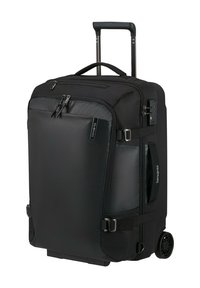Svart Samsonite resväska med hjul, teleskophandtag, framficka med dragkedja, sidhandtag, kompressionsremmar och inbyggd TSA-lås.