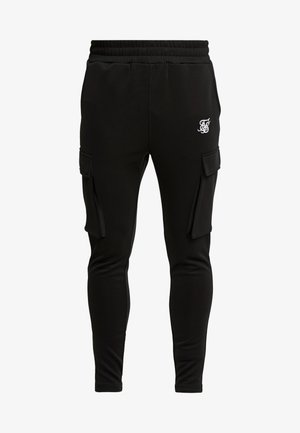 Schwarze Cargo-Jogginghosen aus dehnbarem Stoff mit elastischem Bund, ausgestattet mit Seitentaschen und einem kleinen gestickten Logo auf der Vorderseite.