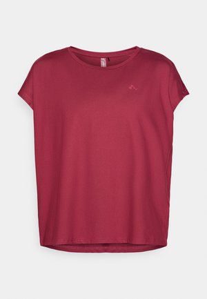 Burgundy short-sleeve t-shirt made of smooth, lightweight fabric with a rounded neckline and slight drop hem, featuring a small logo accent.