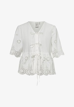 Blouse blanche avec manches et ourlet en dentelle ajourée, dotée de trois nœuds à l'avant et d'un design légèrement évasé et festonné.