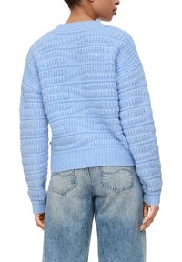 Lichtblauwe gebreide trui met een textuurpatroon en geribde manchetten, gecombineerd met vervaagde blauwe jeans; achterkantweergave die de halslijn en mouwen laat zien.