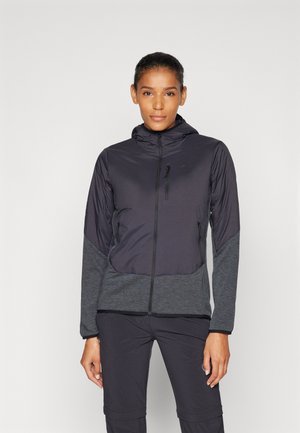 Schwarze und graue Jacke mit Reißverschluss und Kapuze, mit einem glatten oberen Abschnitt und einem strukturierten unteren Abschnitt. Reißverschlusstaschen auf jeder Seite.