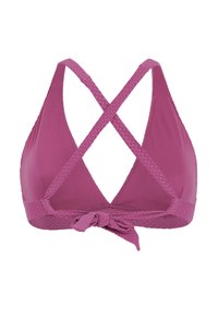 Grudnjak od teksturiranog, tamnoružičastog materijala. Ima ukrštene naramenice na leđima i detalj mašne na donjem dijelu. Jednostavan trokutasti dizajn.