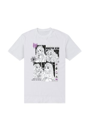Bílé bavlněné tričko s černým a fialovým grafickým potiskem stylizovaných postav z Monster High, s textem a detaily pavoučí sítě.
