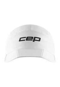 White sports visor made of lightweight fabric, featuring a solid design with a black "cep" logo on the front and a curved brim.