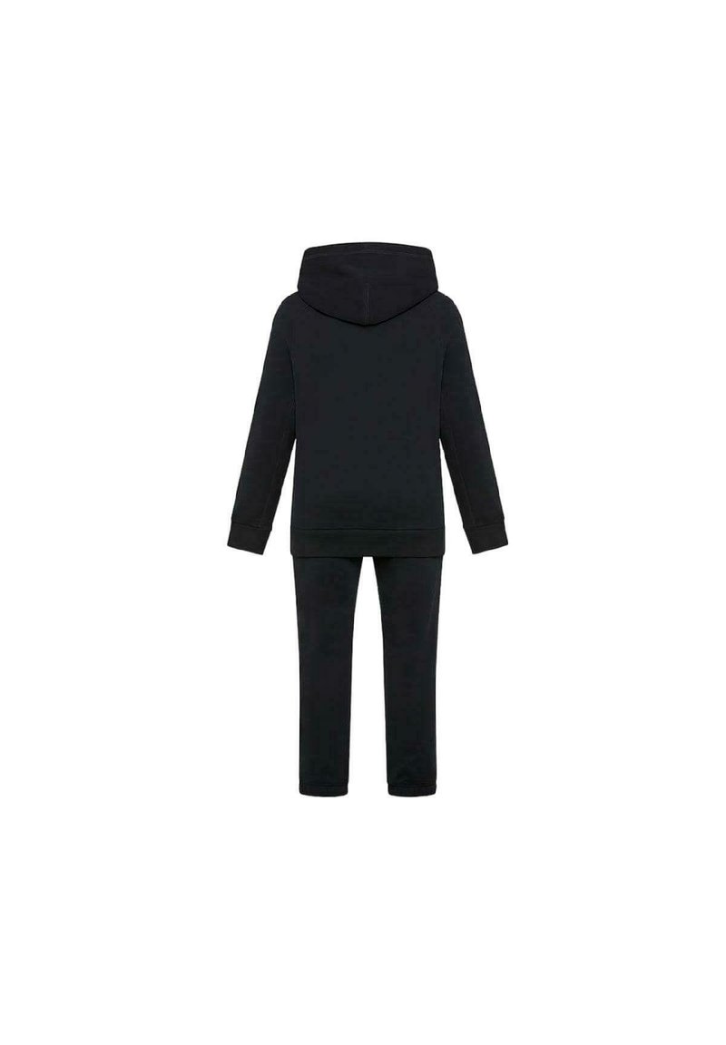 Ensemble composé d'un sweat à capuche noir et d'un jogging. Le sweat à capuche dispose d'une poche kangourou et de poignets côtelés ; texture lisse. Pantalon ajusté avec taille élastique.