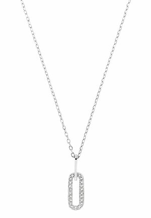 Sølvkæde med et ovalt vedhæng belagt med små klare krystaller, minimalistisk og elegant design.