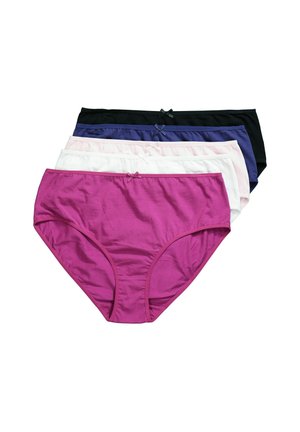 Cuatro prendas interiores de algodón para mujer en negro, azul marino, blanco y magenta, cada una con un pequeño lazo frontal.