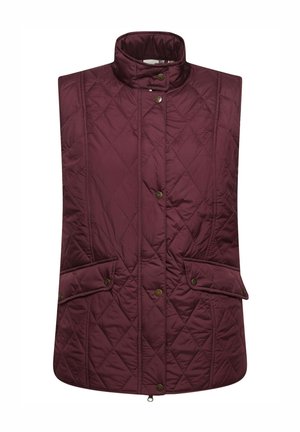 Maroon quilted sleeveless vest with high collar, two front pockets, and snap button closure. Soft texture and diamond pattern detailing.