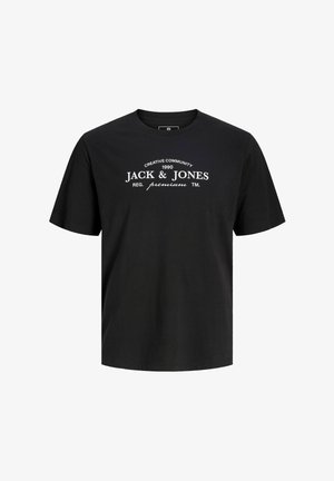 T-shirt noir à manches courtes avec un texte blanc "Creative Community 1990 JACK & JONES Reg. premium TM." centré sur la poitrine.