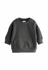 Grijze sweatshirt met een ronde halslijn, drop shoulders, lange mouwen, geribde manchetten en een voorzak. Glad materiaal, casual ontwerp.