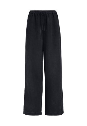 Schwarze, weit geschnittene Hose mit elastischem Bund und Kordelzug, aus leichtem Stoff, auf weißem Hintergrund dargestellt.