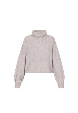 Helehall ribadest valmistatud sviiter kõrge volditud kaelusega, laia varrukaga ja lühendatud hemiga. Valmistatud pehmest kudumisest.