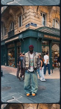 Homem com jeans oversized, colete bege, hoodie cinza, gorro bordeaux e sapatos amarelos a fazer esquina na rua, com um edifício histórico atrás.