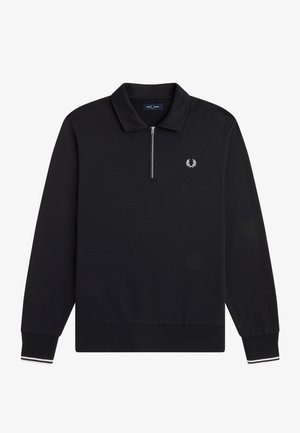 Pull-over noir à manches longues avec fermeture éclair quart de zip, poignets et ourlet côtelés, logo laurier brodé blanc sur la poitrine, et détail rayé sur les bords des poignets.