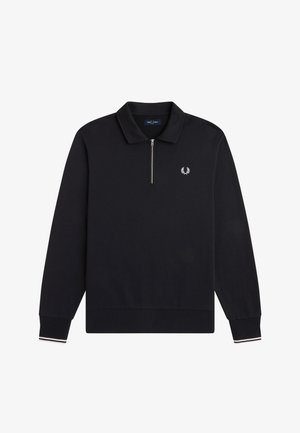 Sudadera negra de manga larga con cremallera de cuarto, puños y dobladillo acanalados, logo de laurel bordado en blanco en el pecho y detalle a rayas en los bordes de los puños.