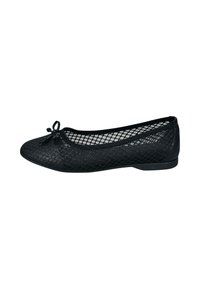 Schwarze Ballerinas mit einem Obermaterial aus Mesh in diamantartigem Muster, abgerundeter Zehenpartie und kleiner Schleifendetail vorne. Weiche, flache Sohle.