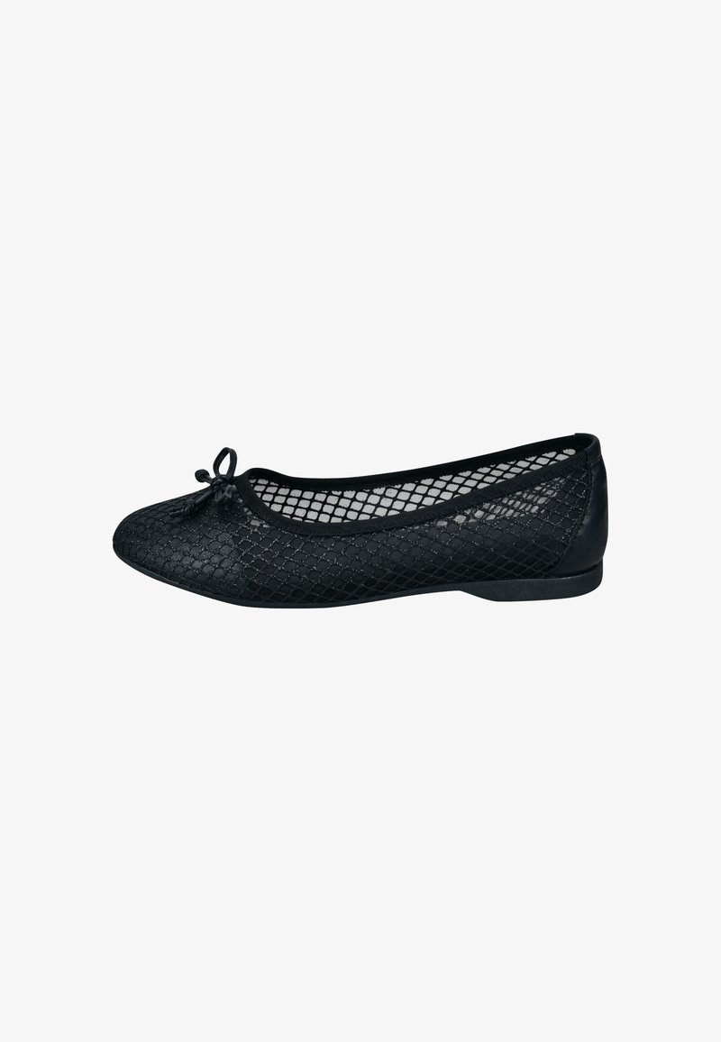 Schwarze Ballerinas mit einem Obermaterial aus Mesh in diamantartigem Muster, abgerundeter Zehenpartie und kleiner Schleifendetail vorne. Weiche, flache Sohle.