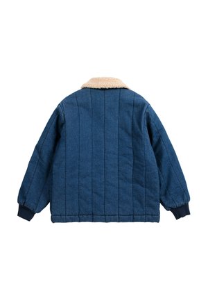 Enfant portant une veste matelassée bleue avec un col en fourrure et une capuche en tricot bleue, debout devant un fond clair uni.