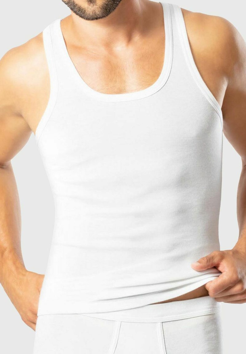 White cotton tank top with a round neckline and a fitted design, showing a smooth texture and minimal seams.