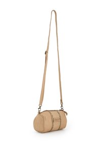 Tan leather crossbody bag with a rounded shape, zipper closure, and metal stud accents. Features an adjustable strap for versatility.