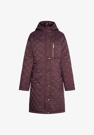 Ein knielanger, gefütterter Mantel mit Kapuze in Dunkellila mit Rautenmuster, ausgestattet mit einer Brusttasche mit Reißverschluss und goldenen Druckknöpfen.