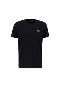 Svart bomull T-skjorte med rund hals, korte ermer, med en oransje logo på brystet og et lite detalj nær ermet.
