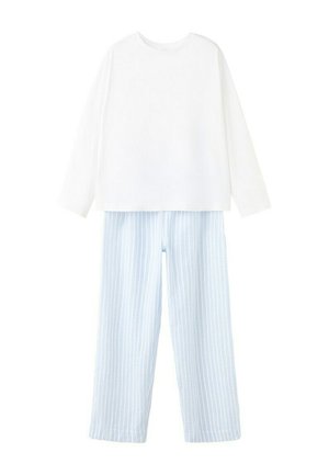 Langärmliges weißes Oberteil kombiniert mit hellblauen und weißen, vertikal gestreiften, weit geschnittenen Hosen, flach auf einem weißen Hintergrund ausgelegt.