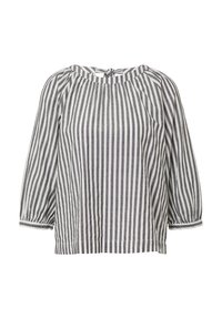Gestreepte blouse in zwart en wit, met een ronde halslijn, geplooide schouders en driekwart pofmouwen. Zachte, ademende stof.
