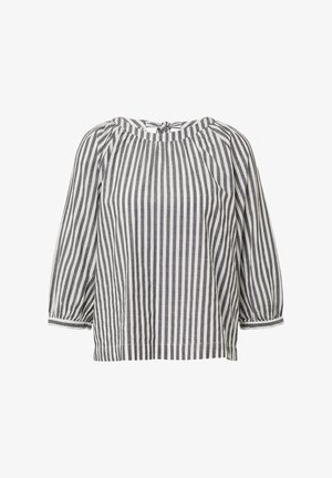 Gestreepte blouse in zwart en wit, met een ronde halslijn, geplooide schouders en driekwart pofmouwen. Zachte, ademende stof.