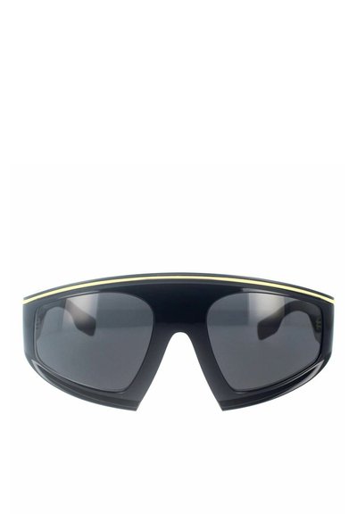 Occhiali da sole neri con finitura lucida, lenti scure e un accento dorato lungo il bordo superiore. Design curvo a fasce avvolgenti con linee eleganti.