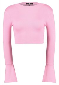 Rosa ribbad crop top med långa klockärmar, med rund halsringning och en figurnära silhuett. Slät textur och lättviktsmaterial.