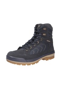 Donkerblauwe wandelschoen gemaakt van suede en textiel, met rubberen zool, metalen oogjes en een gevoerd kraag voor comfort en ondersteuning.