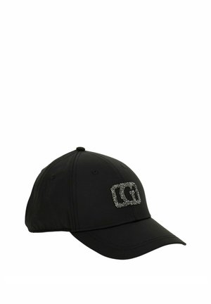 Cappellino da baseball nero con visiera leggermente curva e logo argentato glitterato "CG" sul pannello frontale.
