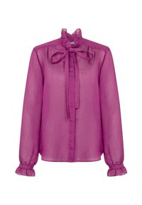 Blouse violette à manches longues en tissu transparent, col haut à volants, nœud à la collerette et poignets volantés.