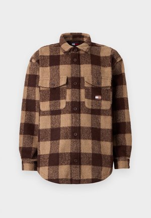 Braun-beige karierte Wollhemdjacke mit Kragen, Knopfleiste vorne, zwei Brusttaschen und einem kleinen Tommy Jeans Logo-Patch auf der linken Tasche.