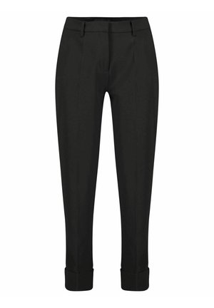 Schwarze tapered Hose mit vorderen Falten, umgekrempeltem Saum und Seitentaschen. Aus einem glatten Stoff mit maßgeschneiderter Passform gefertigt.
