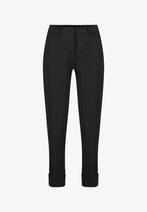 Zwarte tapered broek met voorplooien, manchetzoom en zijzakken. Gemaakt van een soepele stof met een getailleerde pasvorm.