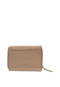 Tan leather wallet with a textured finish, zipper closure, and multiple card slots. Subtle branding embossed on the front. Compact design.