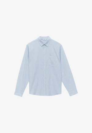 Lichtblauw overhemd met lange mouwen, gemaakt van stof met een subtiele structuur, met een puntige kraag, knopen aan de voorkant en een enkele borstzak.